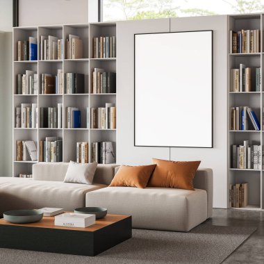 Modern bir oturma odasında boş bir poster, kitaplıklar, gerçekçi stil, beyaz arka plan. Ev dekoru kavramı. 3B Hazırlama