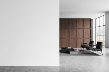 Model, ahşap paneller, modern sandalyeler ve geniş pencereli bir odada kahve masası için boş beyaz duvarı olan minimalist iç mekan. 3B Hazırlama.