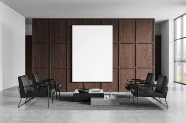 Ahşap panel duvarında büyük boş çerçeveli poster olan çağdaş bir iç mekan. Geniş bir odada minimalist sandalyeli ve kahve masalı oturma düzeni. 3B Hazırlama.