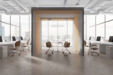 Toplantı odası, modern tasarım, şehir manzaralı bir ofis. İş ortamı kavramı. 3B Hazırlama