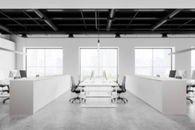 Açık çalışma alanı olan modern ofis içi, gri arka planda minimal stil. Verimlilik kavramı. 3B Hazırlama