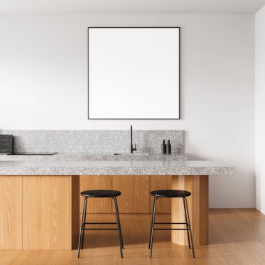 Minimalist mutfak içi. Beyaz duvarında boş poster, tahta dolaplar, taş tezgah ve tabureler var. Tasarım sunumu için temiz alan. 3B Hazırlama.