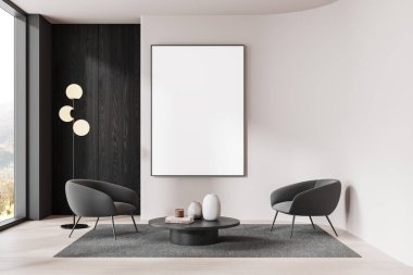 Işık duvarında boş çerçeveli poster, iki koyu renkli sandalye, vazolu yuvarlak masa ve zemin lambası olan modern iç mekan. Temiz tasarım ve düzen kavramı. 3B Hazırlama.