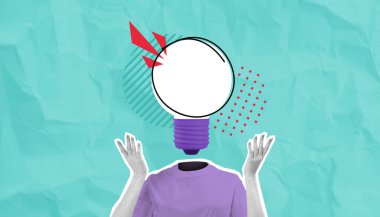 Buruşuk bir turkuaz arka planda, kafasının yerine mor bir gömlek takan ve grafik elementlerle çevrili bir kişinin soyut sürrealite kolajı. Yaratıcılık kavramı