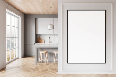 Şık mutfak iç dekorasyonunda açık renkli duvara boş dikey poster bilgisayarı. Ahşap döşeme, tabure ve dolaplar temiz tasarımı tamamlıyor. 3B Hazırlama.