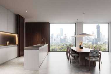 Ahşap ve beyaz kaplamalı çağdaş mutfak ve yemek alanı, şehrin ufuk çizgisini gösteren geniş pencereler, minimalist dekorlar ve zarif mobilyalar. 3B Hazırlama