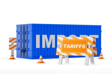 TARIFFS ve koni etiketli turuncu ve beyaz trafik engelleri ile çevrili IMPORT metin taşıyan mavi nakliye konteynırı ticari kısıtlamaları gösteriyor. 3B Hazırlama