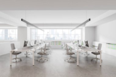 Masaları ve sandalyeleri olan modern ofis, minimalist tasarım, hafif arka planda. Çalışma alanı kavramı. 3B Hazırlama