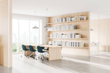 Kitaplığı olan bir ofis, modern tasarım, hafif arka plan. Çalışma alanı kavramı. 3B Hazırlama