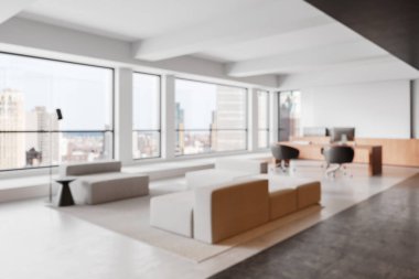 Şehir manzaralı modern ofis içi, minimalist tasarım, hafif arka planda. İş ortamı kavramı. 3B Hazırlama
