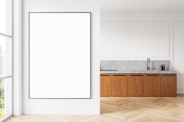 Ahşap dolapları, mermer tezgahı ve parlak bir atmosferi olan modern bir mutfak içinde boş bir poster modeli. Tasarım veya markalaşma sunumu için ideal. 3B Hazırlama.