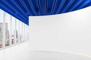 Mavi tavan ve şehir manzaralı, parlak, modern bir iç mekanda boş eğri bir duvar. Model sunumu, tasarım şablonu veya reklam görüntüsü için ideal. 3B Hazırlama