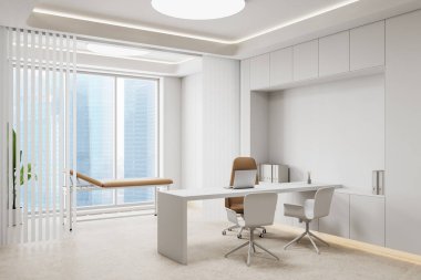 Beyaz mobilyaları, dolapları ve büyük pencerelerden manzaralı bir muayene yatağı olan çağdaş tıp bürosu. 3B Hazırlama