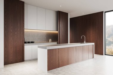 Ahşap ve beyaz dolaplı zarif modern mutfak, beton tezgahlar ve parlak bir ada ve geniş pencereli yumuşak ışıklandırma. 3B Hazırlama