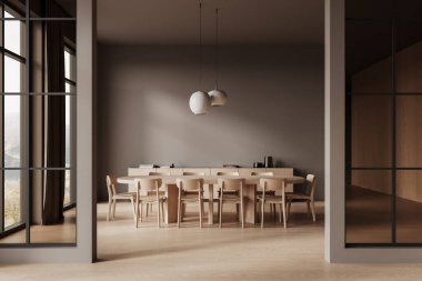 Modern minimalist tasarımda doğal ahşap mobilyaların yer aldığı zarif yemek odası, yumuşak ışıklandırmalı nötr tonlu bir arka plan üzerine kurulmuş. 3B Hazırlama