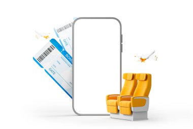 Boş ekranlı akıllı telefon modeli, uçuş kartları, uçak koltukları ve beyaz arka planda uçan uçaklar. Online seyahat rezervasyonu kavramı. 3B Hazırlama