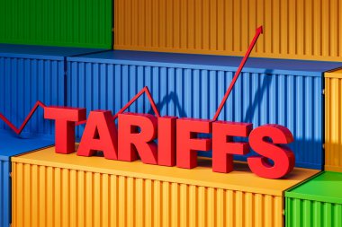 Renkli konteynırların üzerinde yukarı doğru ok olan büyük kırmızı bir TARIFFS metin. 3D oluşturma ticaret maliyetleri, ithalat vergileri ve ekonomik etkiyi temsil ediyor