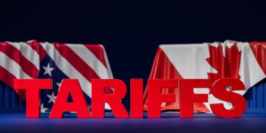 Arka planda kargo konteynerlerinin üzerine sarılı ABD ve Kanada bayraklarının bulunduğu büyük kırmızı TARIFFS yazıları ticari kısıtlamaları ve ekonomik etkileri simgeliyor. 3B Hazırlama