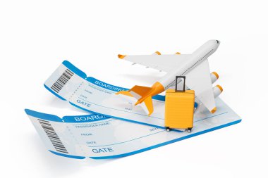 Uçak modeli, uçuş kartları ve beyaz arka planda sarı bavul. Uçak yolculuğu, turizm ve tatil planlama kavramı. 3B Hazırlama