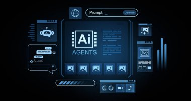 Fütürist dijital elementlerle yapay zeka arayüzü, koyu arkaplanda parlayan mavi neon tarzı. Yapay zeka otomasyonu kavramı. 3B Hazırlama