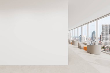 Modern ofis içinde panoramik şehir manzaralı boş bir duvar. Minimalist mobilyalar ve doğal ışık tasarım modeli için temiz bir düzen oluşturur. 3B Hazırlama