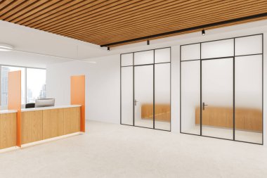 Çağdaş ofis resepsiyonunda ahşap bir masa, buzlu cam bölmeler ve parlak bir arka planda ahşap çatallı bir tavan yer alıyor. 3B Hazırlama