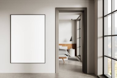 Modern iç mekan, aydınlık duvarında kocaman boş bir poster, rahat yatak odasına açılan kapının yanında. Parlak pencereler temiz ve şık bir atmosfer sağlar. 3B Hazırlama.