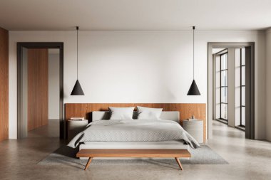 Çağdaş minimalist yatak odası, ahşap kaplama, tarafsız yatak odası ve parlak zeminde kolye ışıkları. Büyük pencereler doğal ışığa izin verir. 3B Hazırlama