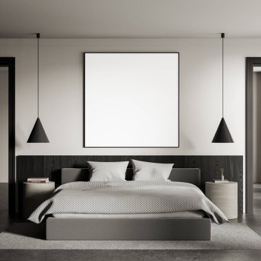 Modern bir yatak odasında minimalist dekorlu bir yatağın üzerinde asılı boş bir poster modeli. Tarafsız tonlar, temiz çizgiler ve yumuşak ışıklandırma samimi bir ortam yaratır. 3B Hazırlama.