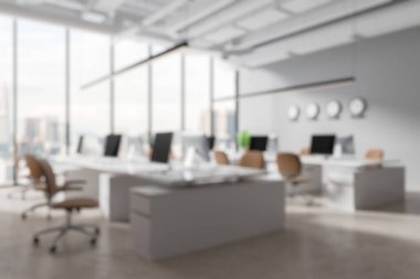 Çalışma istasyonları ve bilgisayarları olan ofis, modern tarzda, ışık arka planda. Çalışma alanı kavramı. 3B Hazırlama