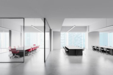 Modern ofis içi konferans odaları, minimal tarzda, beyaz arka planda. Kurumsal çevre kavramı. 3B Hazırlama