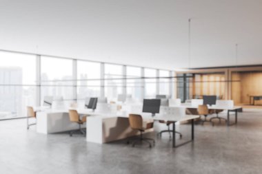 Modern ofis içi çalışma istasyonları, minimalist tarzda, beton arka planda. İş yeri kavramı. 3B Hazırlama