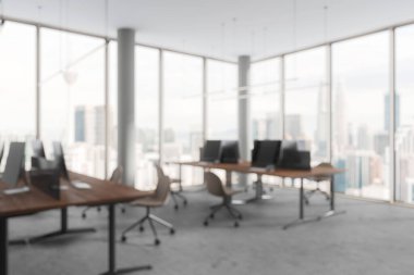 Bilgisayarlı ve sandalyeli ofis, şehir planında bulanık stil. Modern çalışma alanı kavramı. 3B Hazırlama