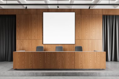 Modern bir konferans odasındaki ahşap bir duvarda boş çerçeveli poster modeli. Masası ve sandalyeleri olan temiz ve profesyonel bir iç mekan. 3B Hazırlama.