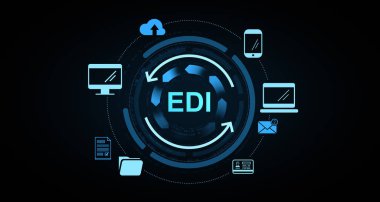 Bulut, laptop, mobil, e-posta ve belge ikonlarına sahip EDI dijital veri değişim konsepti koyu arkaplan üzerinde fütüristik grafik tarzında. 3B Hazırlama