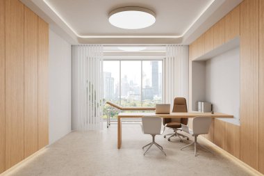 Ahşap mobilyalar, bej sandalyeler ve büyük vitrinli şehir silueti olan bir ofis. Parlak ve modern sağlık hizmetleri alanı. 3B Hazırlama