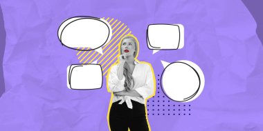 Siyah beyaz ve kırmızı dudaklı bir kadın, içi boş konuşma baloncuklarıyla çevrili, mor bir arka planda, iletişimi ve fikirleri temsil eden,