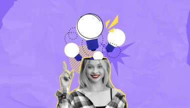 Açık kafasından ampuller çıkan ekose gömlekli gülümseyen bir kadın yaratıcılığı simgeliyor. Mor arkaplanda soyut kolaj biçimi