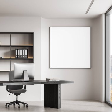 Masası, sandalyesi, bilgisayarı ve ışık duvarında boş bir maket posteri olan minimalist bir ofis. Büyük pencere doğal ışığa izin verir. Zarif iç tasarım konsepti. 3B Hazırlama