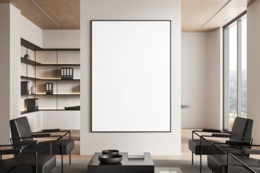 Modern bir tasarıma sahip, beyaz bir duvarda büyük boş bir poster çerçevesi, sandalyeler, raflar ve bir sehpa ile çağdaş ofis salonu. 3B Hazırlama.