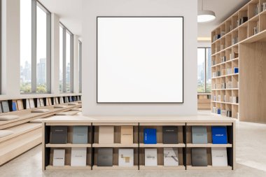 Geniş modern kütüphane, ahşap kitaplıklar, oturma alanı, ve beyaz bir duvarda büyük boş çerçeveli poster. Şehir manzaralı parlak bir iç mekan. 3B Hazırlama.