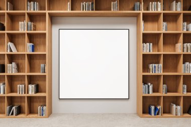 Temiz beyaz bir duvarda, içi kitaplarla dolu ahşap kitaplıklarla çevrili büyük boş bir poster çerçevesi. Yaratıcı planlar için modern iç tasarım konsepti. 3B Hazırlama