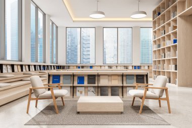 Geniş modern kütüphane içi ahşap kitaplıklar, rahat koltuklar ve şehir manzarası sergilenen büyük pencereler. Estetik çağdaş mimari konsepti. 3B Hazırlama.