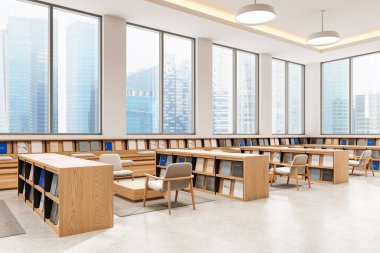 Ahşap kitaplıkları, minimalist mobilyaları ve şehir manzarasına bakan geniş pencereleri olan geniş modern bir kütüphane. Parlak ve zarif bir tasarım. 3B Hazırlama
