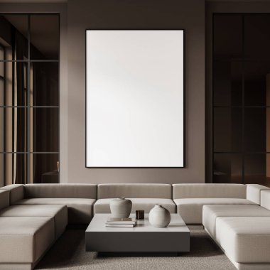 Zarif oturma odası, duvarında büyük boş bir poster, nötr renkli bölüm koltuğu ve dekorlu kahve masası, şık bir iç tasarım konsepti yaratıyor. 3B Hazırlama.