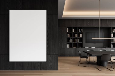 Koyu ahşap duvarda boş bir poster modern iç kısımda kitap rafları, yemek masası ve kolye ışığıyla. Minimalist tasarım konsepti. 3B Hazırlama.