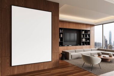 Modern oturma odasındaki ahşap duvarda boş bir poster çerçevesi. Tarafsız mobilyalar, şehir manzarası ve doğal ışıklandırma. Tasarım modelleri için mükemmel. 3B Hazırlama.