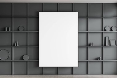 Modern iç mekanda içi boş beyaz poster koyu gri duvarda geometrik raflar, soyut dekorasyon parçaları, yaratıcı sunum için ideal. 3B Hazırlama