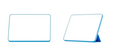 Ön ve yan görüntülerde sunulan boş beyaz ekranlı dijital tablet modeli. Beyaz arka planda modern mavi çerçeve. UI / UX tasarım şablonları için mükemmel. 3B Hazırlama