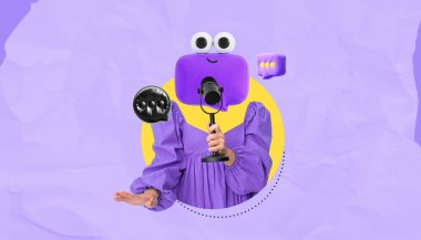 Mor elbiseli, kafasında sohbet balonu olan, mikrofonu olan, desenli mor arka planda olan biri. İletişim, podcast ve yapay zeka kavramı